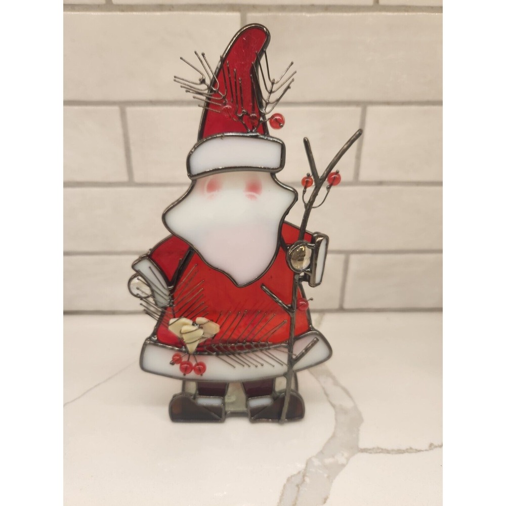Santa Claus With Twig Berries Stained Glass Tealight Or Votive Candle Holder‎